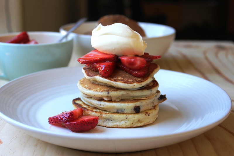 Chocolate Chip Pancakes with Cinnamon Strawberries