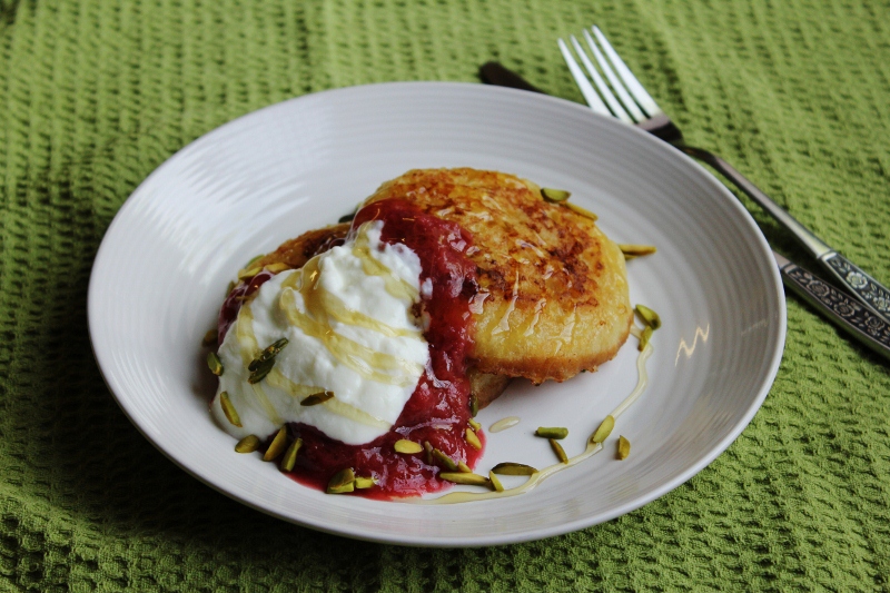 Eggy Crumpets with Rhubarb Compote