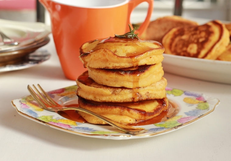 Gorgeous Pumpkin Pancakes with Rosemary Maple Syrup | TheSugarHit.com