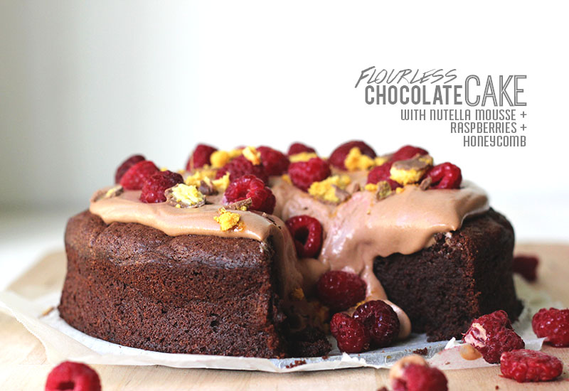 Flourless Chocolate cake with Nutella Mousse, Raspberries and Honeycomb! | The Sugar Hit